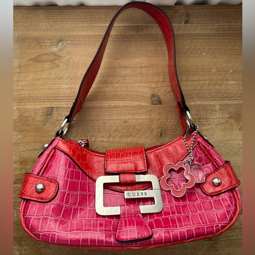 Y2K Vintage GUESS Hot Pink Croc Shoulder Bag